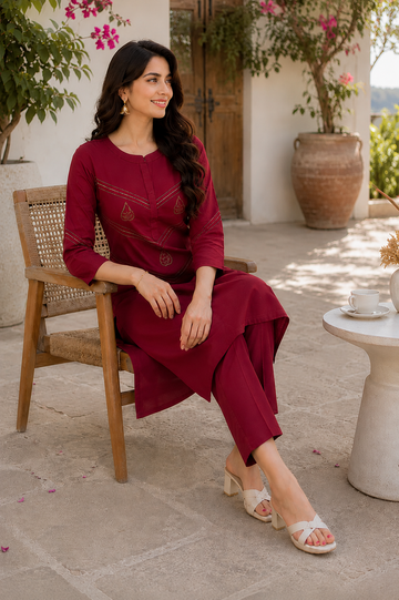 Dark Red Linen Cotton Co-Ord Set