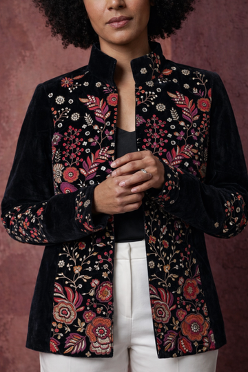 Elegant Floral Embroidered Velvet Jacket