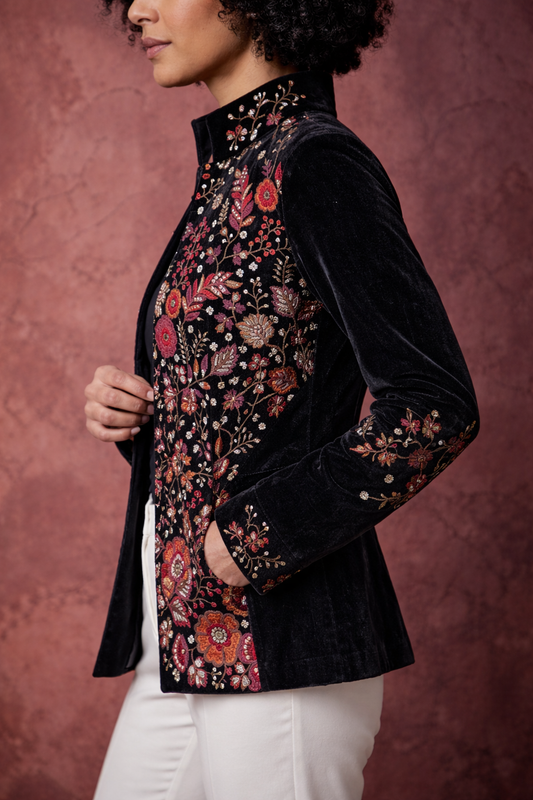 Elegant Floral Embroidered Velvet Jacket