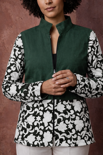 Stylish Woman in Floral Embroidered Jacket