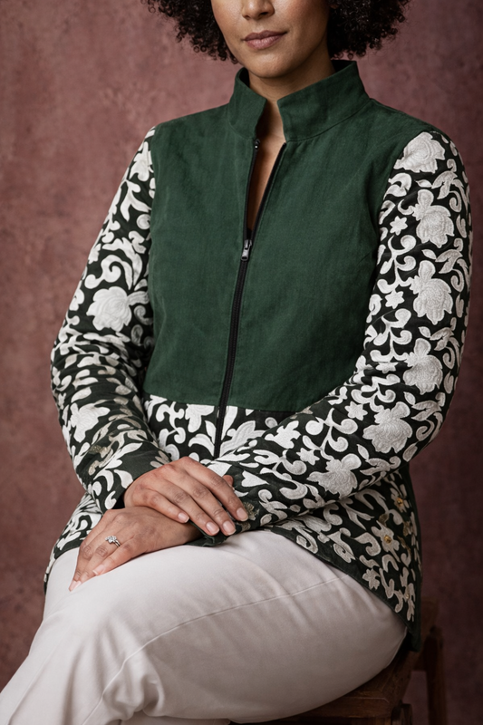 Stylish Woman in Floral Embroidered Jacket