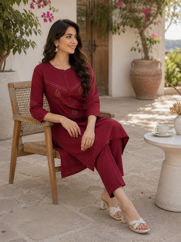 Dark Red Linen Cotton Co-Ord Set