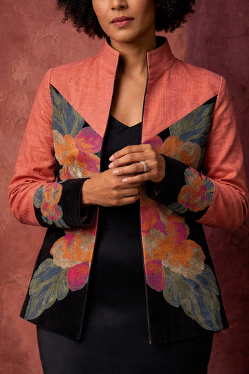 Elegant Coral Cotton Jacket with Floral Embroidery