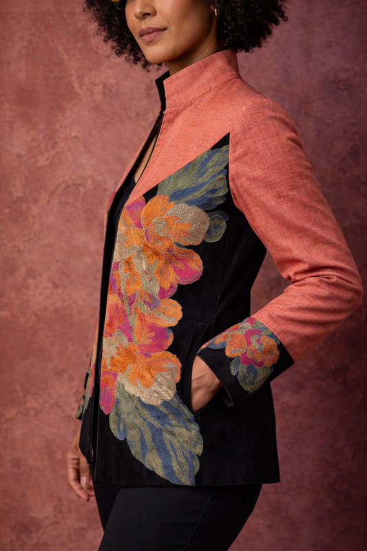 Elegant Coral Cotton Jacket with Floral Embroidery