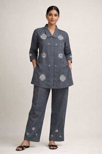 Elegant Grey Linen Co-Ord Set with Embroidery