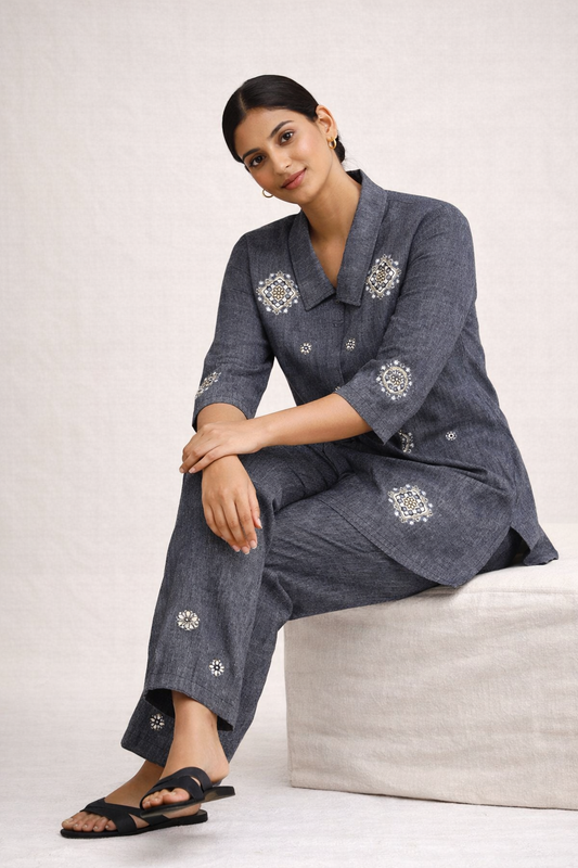 Elegant Grey Linen Co-Ord Set with Embroidery
