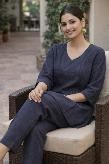 Elegant Blue Grey Linen Cotton Women Co-Ord Set
