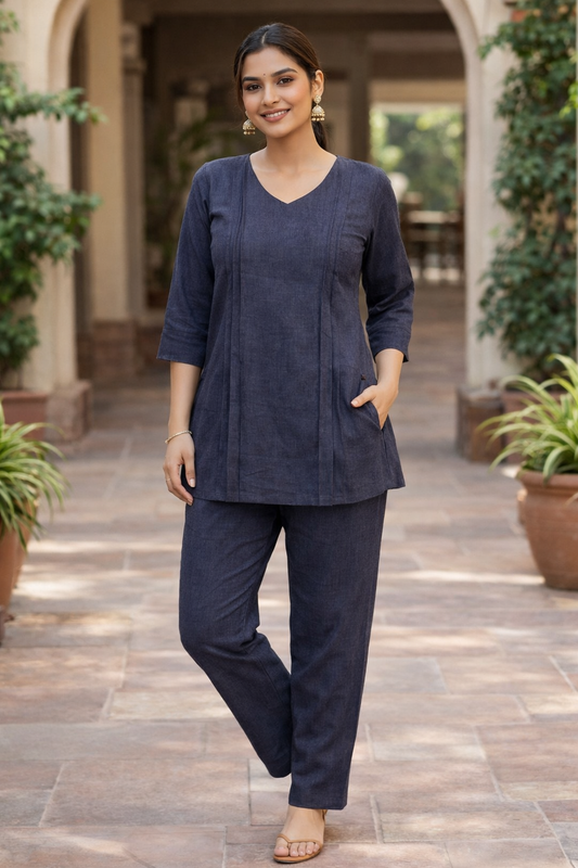 Elegant Blue Grey Linen Cotton Women Co-Ord Set