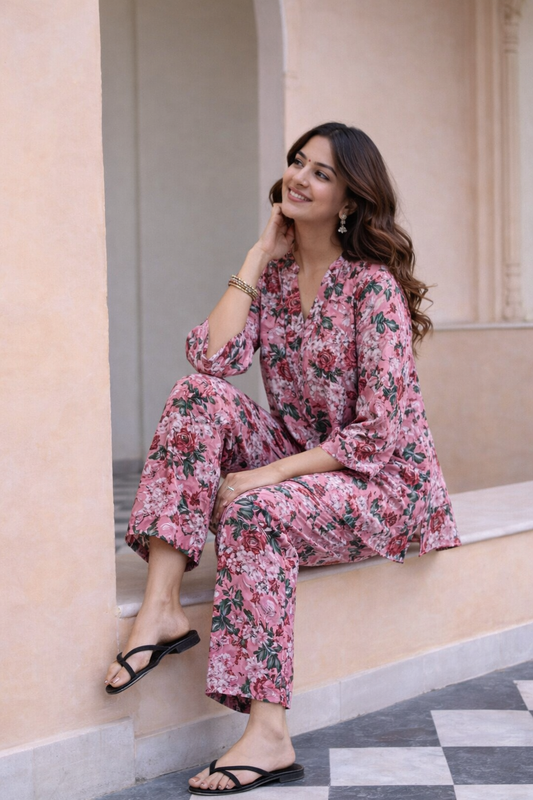 Pink Viscose Muslin Printed Co-Ord Se
