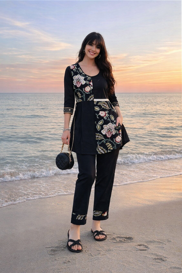 Black Embroidery Cotton Linen Co-Ord Set