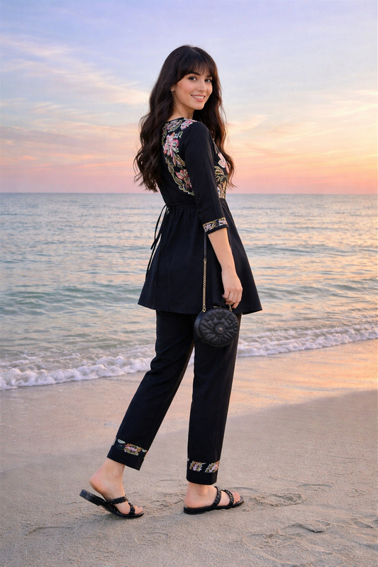 Black Embroidery Cotton Linen Co-Ord Set