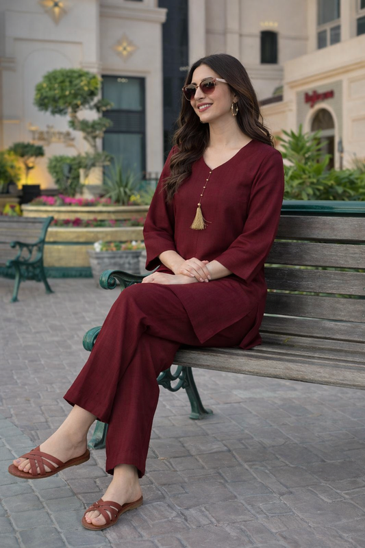 Maroon Linen Cotton Co-Ord Set