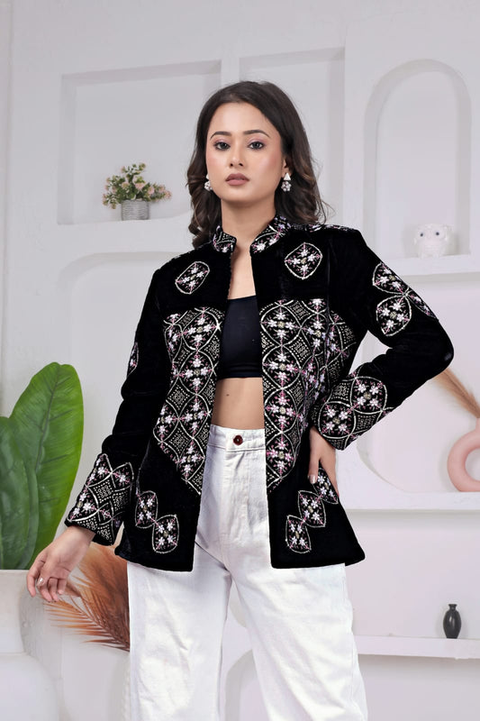Black Women Embroidery Jacket in Surat | Designer Ethnic Jacket