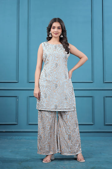 Blueish Gray Georgette Embroidered Co-Ord Set in Surat | Designer Women Outfit