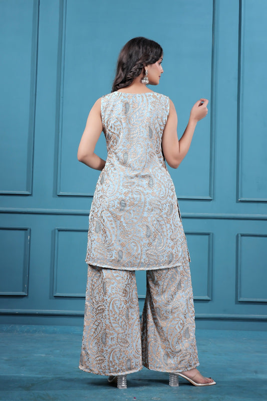 Blueish Gray Georgette Embroidered Co-Ord Set in Surat | Designer Women Outfit