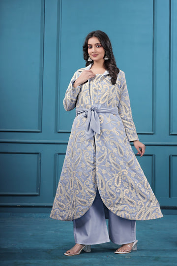 Blueish Gray Georgette Embroidered Top & Cotton Plazo Set in Surat