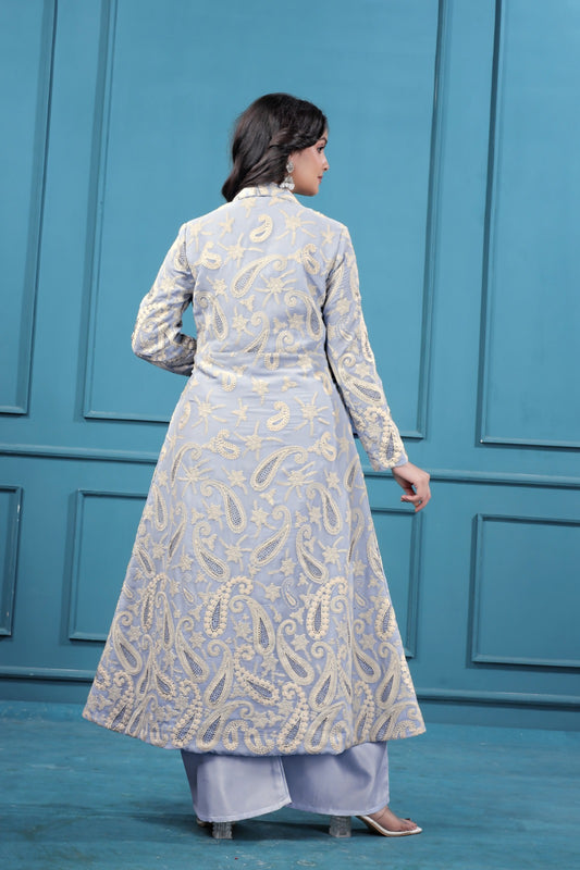 Blueish Gray Georgette Embroidered Top & Cotton Plazo Set in Surat