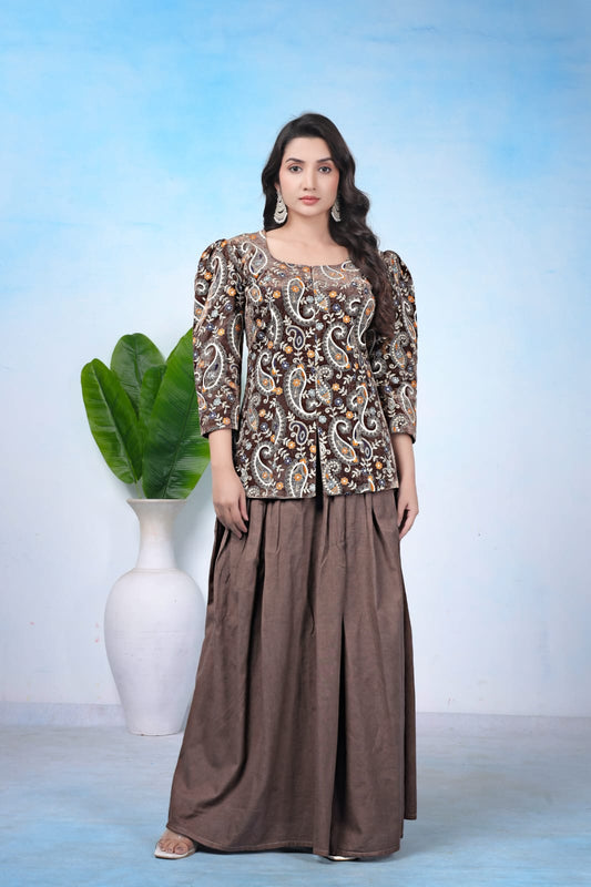 Brown Velvet Embroidered Top & Cotton Plazo Set in Surat | Designer Women Ethnic Wear
