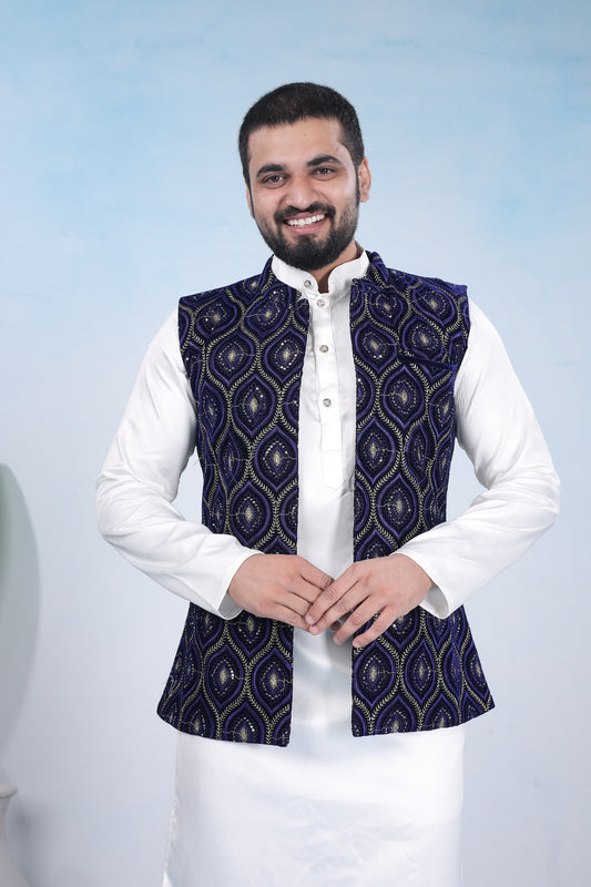 Navy Blue Embroidered Koti for Men in Surat | Designer Ethnic Wear Collection